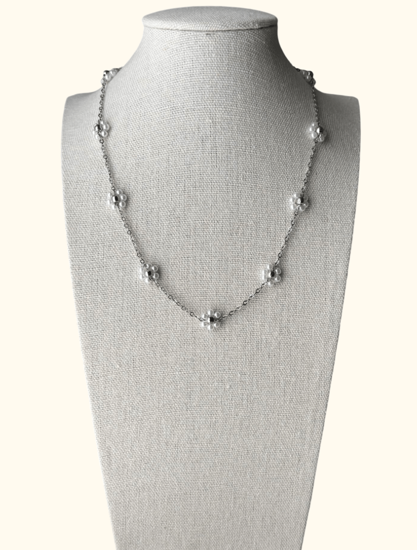 DAISY - Collier fleur en acier inoxydable et perles